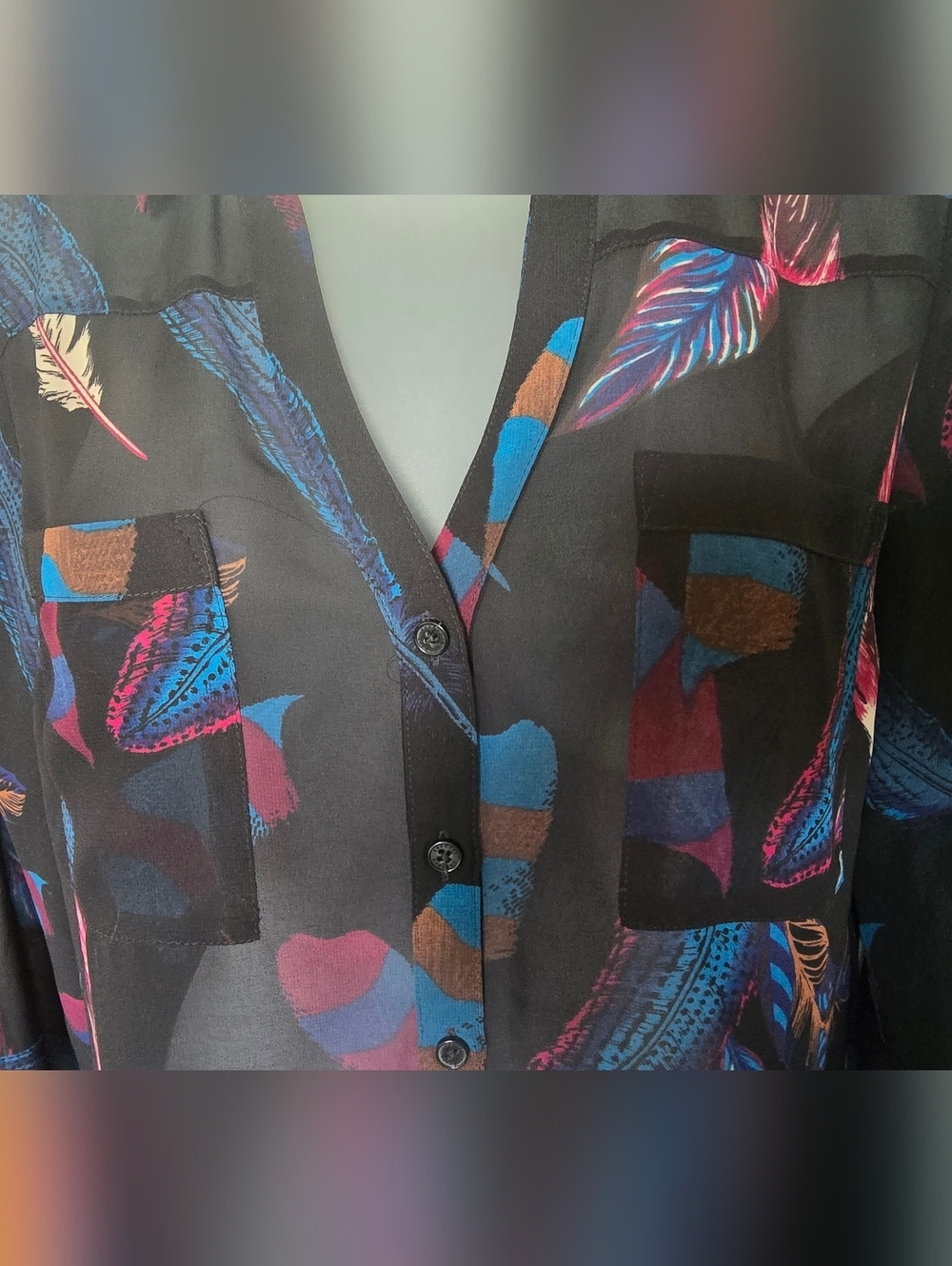 Express Portofino ShirtWomens size small Feather Print Sheer Long Sleeve - Picture 3 of 9